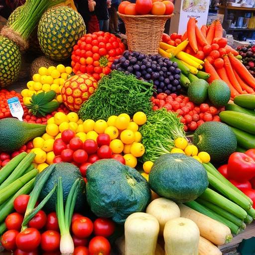 A colorful assortment of fresh fruits and vegetables displayed in a market setting