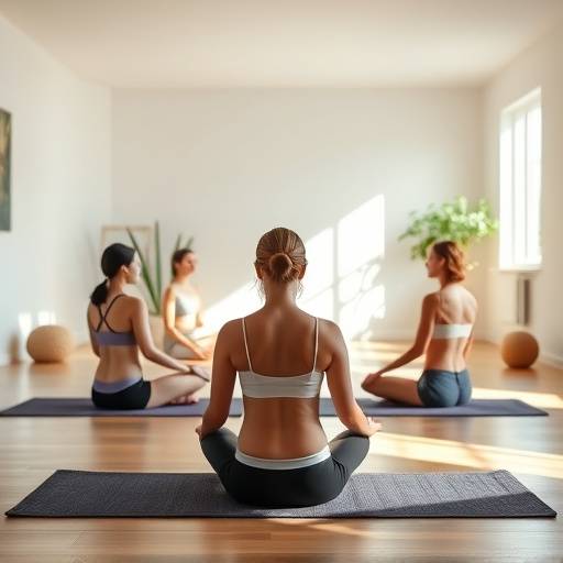 A group of people participating in a guided meditation session in a bright and airy studio with soft lighting