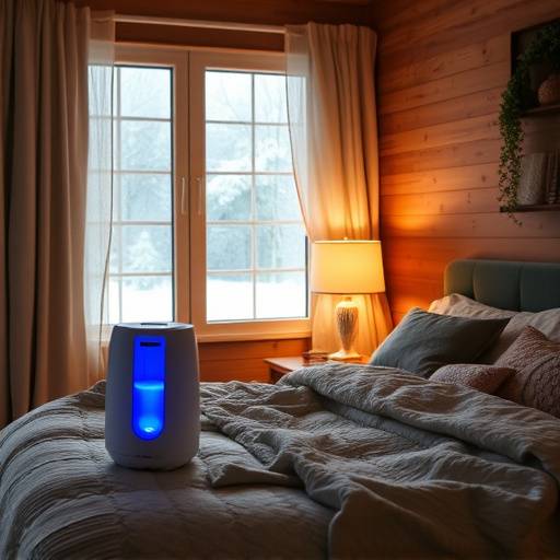 A humidifier adding moisture to the air in a bedroom during winter