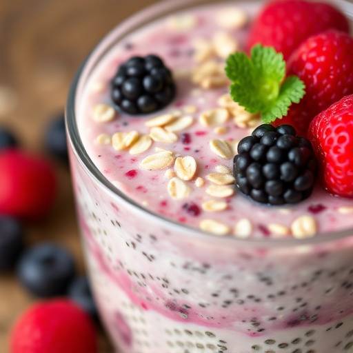 A jar of Berry Bliss Overnight Oats topped with fresh berries and chia seeds