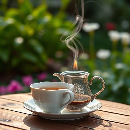 A person mindfully drinking a cup of tea in a serene garden, paying attention to the aroma and taste