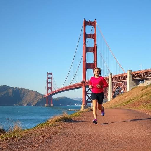 A person running along the Golden Gate Bridge with the San Francisco skyline in the background, symbolizing fitness and outdoor activity.