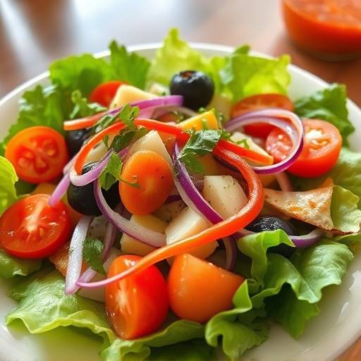 A woman sitting peacefully at a table, mindfully eating a salad with fresh ingredients