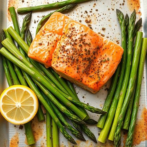 Baked salmon fillet with asparagus spears on a baking sheet, garnished with lemon slices