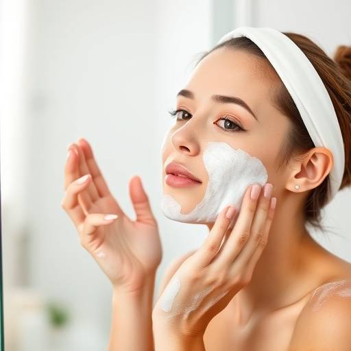 Close-up of a woman applying a gentle cleanser to her face