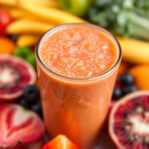 Close-up shot of a colorful smoothie with various fruits and vegetables