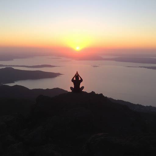 Serene landscape with a person meditating on a mountaintop overlooking San Francisco Bay at sunrise