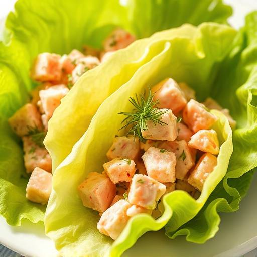 Tuna salad lettuce wraps served on crisp lettuce leaves, garnished with dill