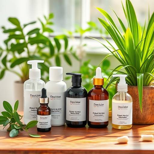 Various natural skincare products arranged on a wooden table with plants in the background