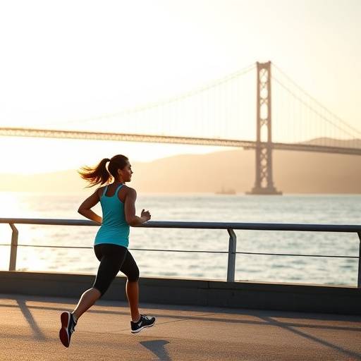 Woman running along the Embarcadero with the Bay Bridge in the distance